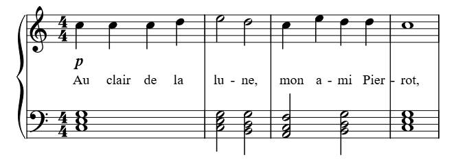Au Clair de la Lune (Basic Chords) piano sheet music preview